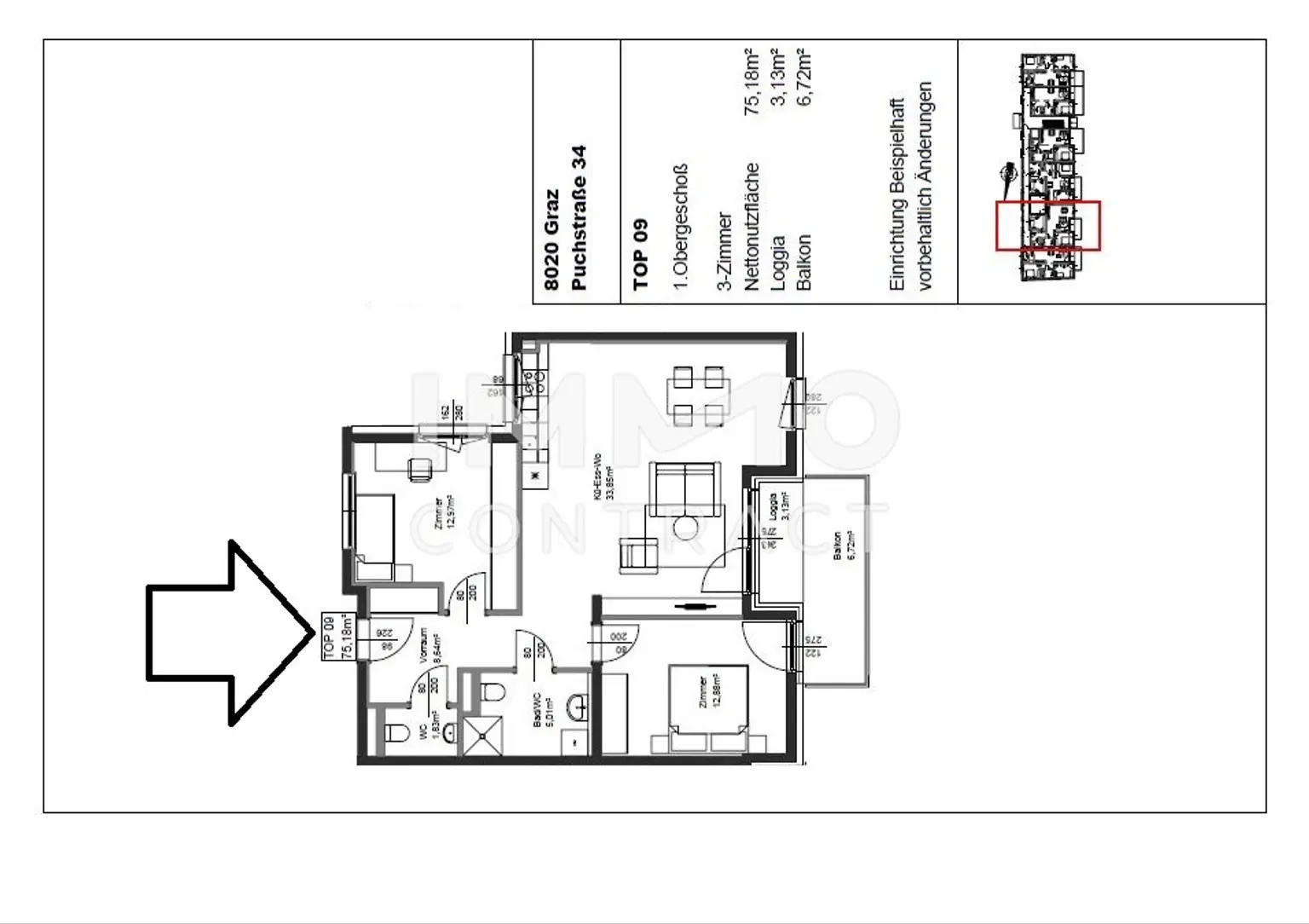 Erstbezug ab 01.10.2025: geförderte 3 Zimmer Wohnung mit Balkon in ruhiger und zentraler Lage - Puchstraße 34 - Top 09
