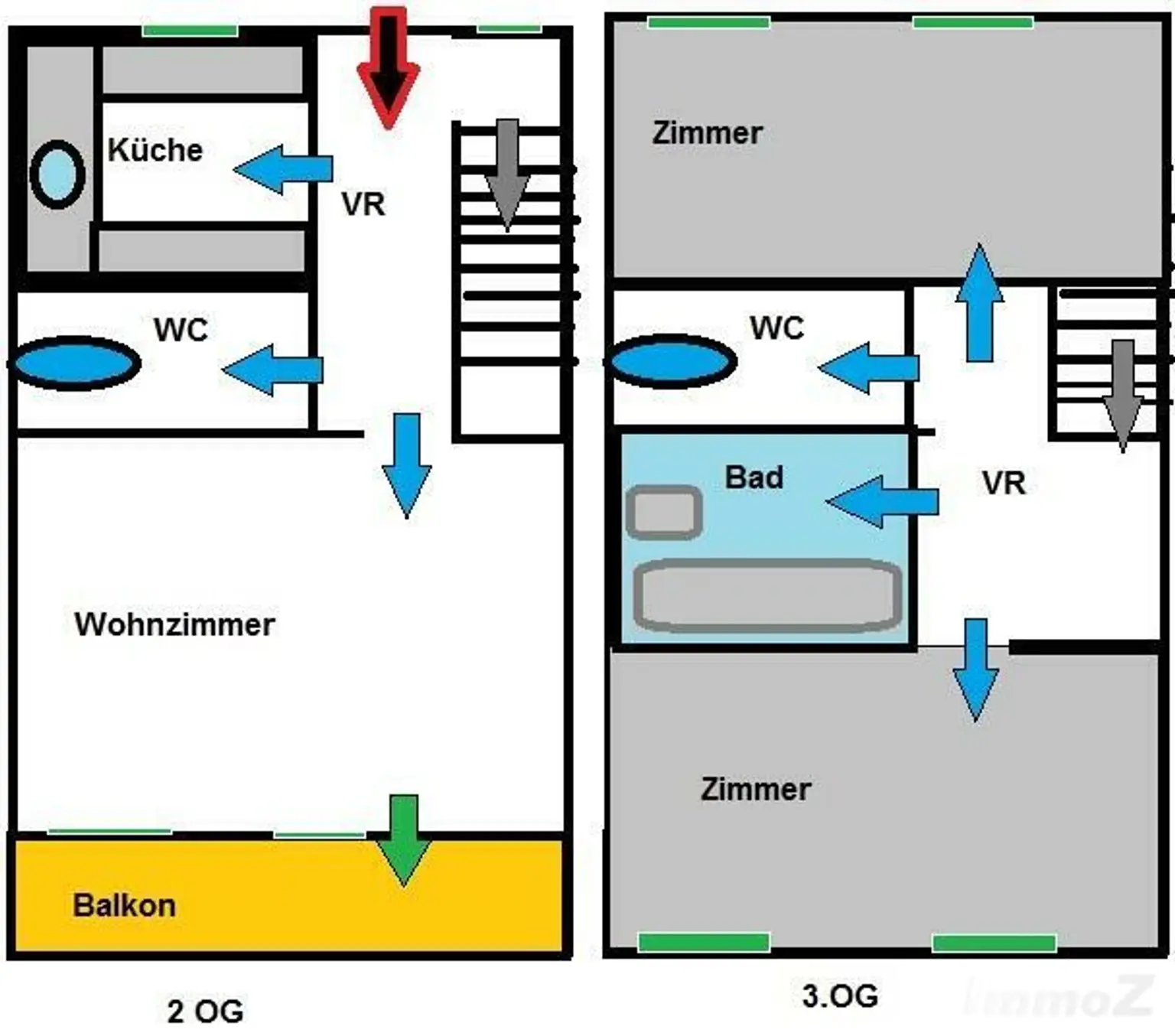 WG-geeignet, Top Lage: 3-Zimmer-Maisonette mit SW-Balkon -Neue Fenster-2.OG mit Lift