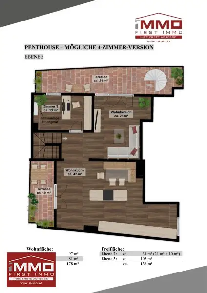 PENTHOUSE IM ZENTRUM VON KORNEUBURG MIT EINZIGARTIGER DACHTERRASSE UND 2 KFZ-STELLPLÄTZEN