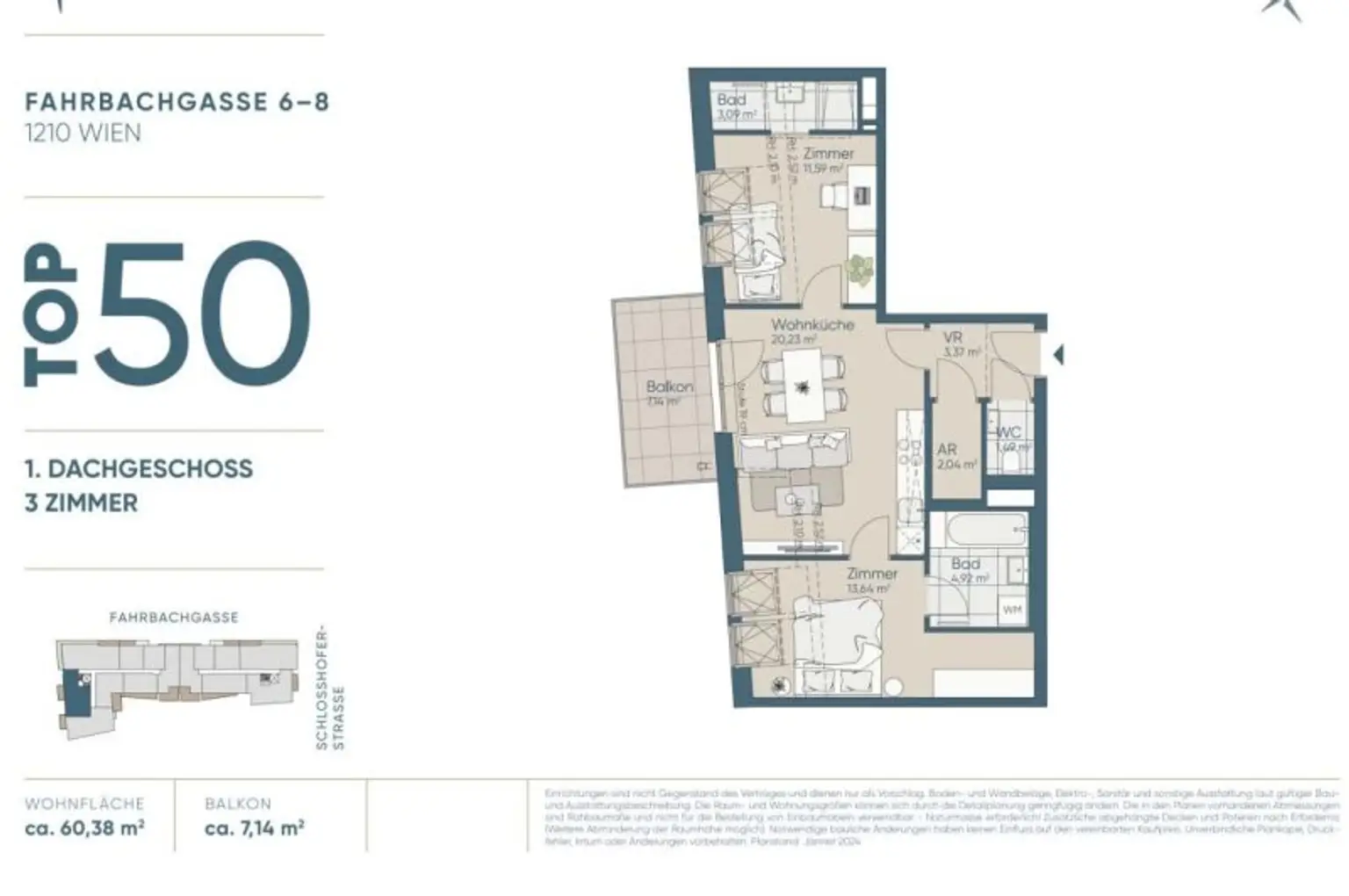 NEUBAU DACHGESCHOß-3-Zimmer-ERSTBEZUG mit Balkon in 1210 Wien! Top 2/50