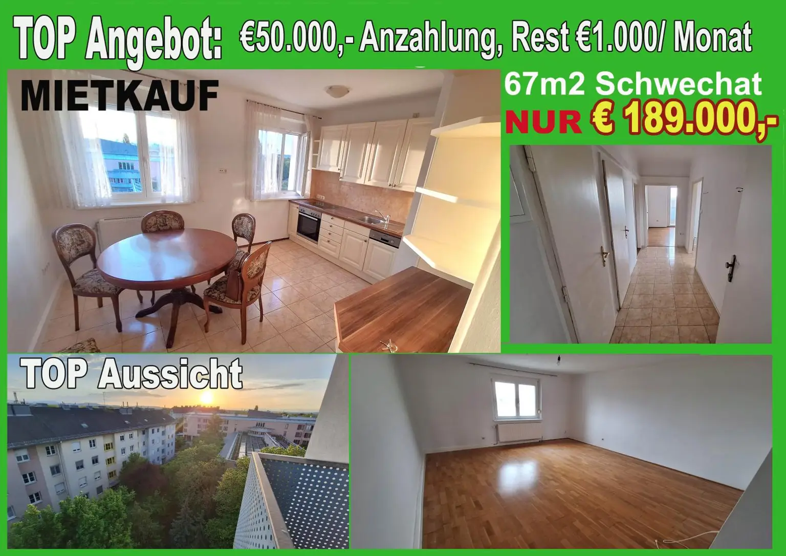 Sonnige ruhige Wohnung mit Fernsicht und Balkon in Schwechat nahe Zentrum.