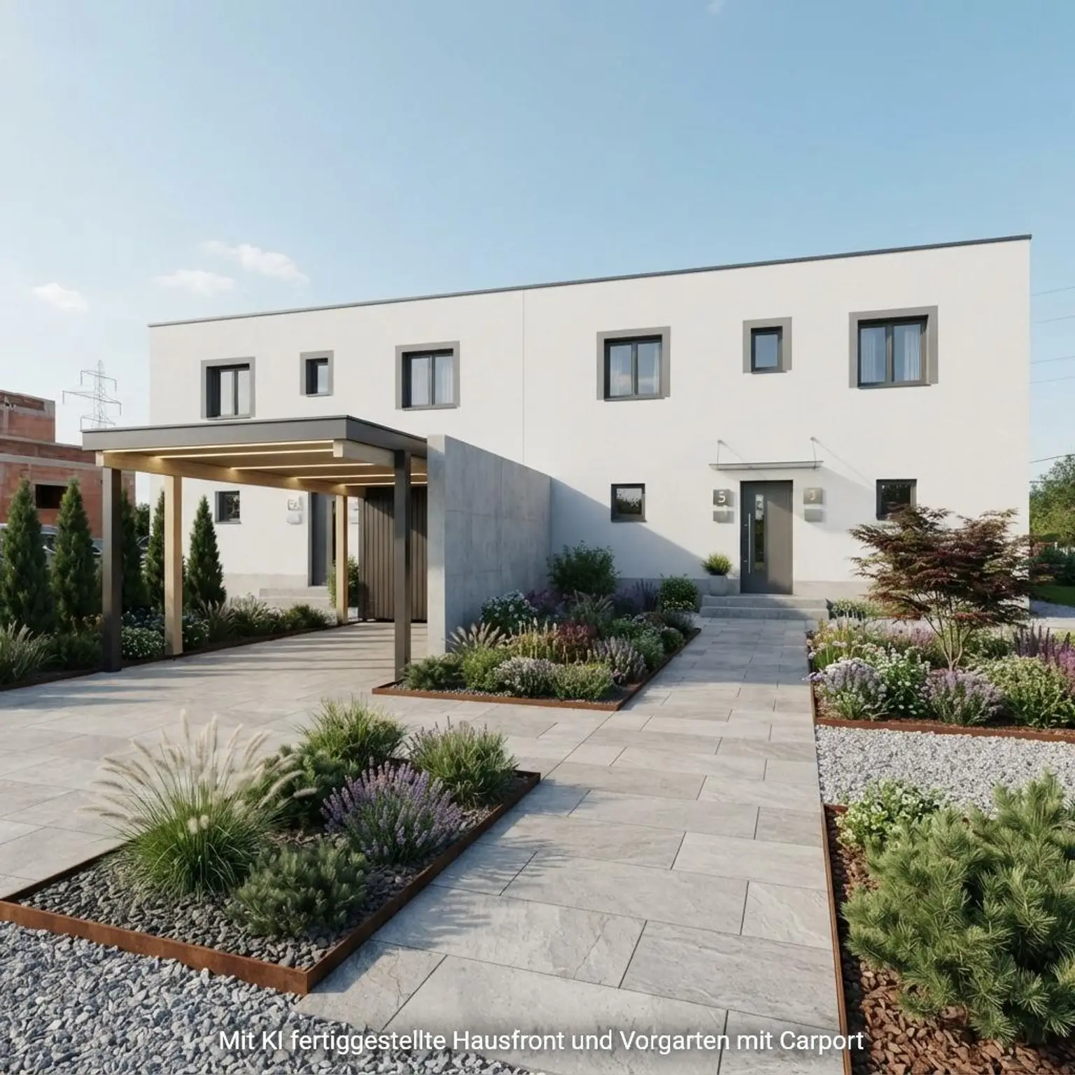 Mit KI fertiggestellte Hausfront, Carport und Vorg