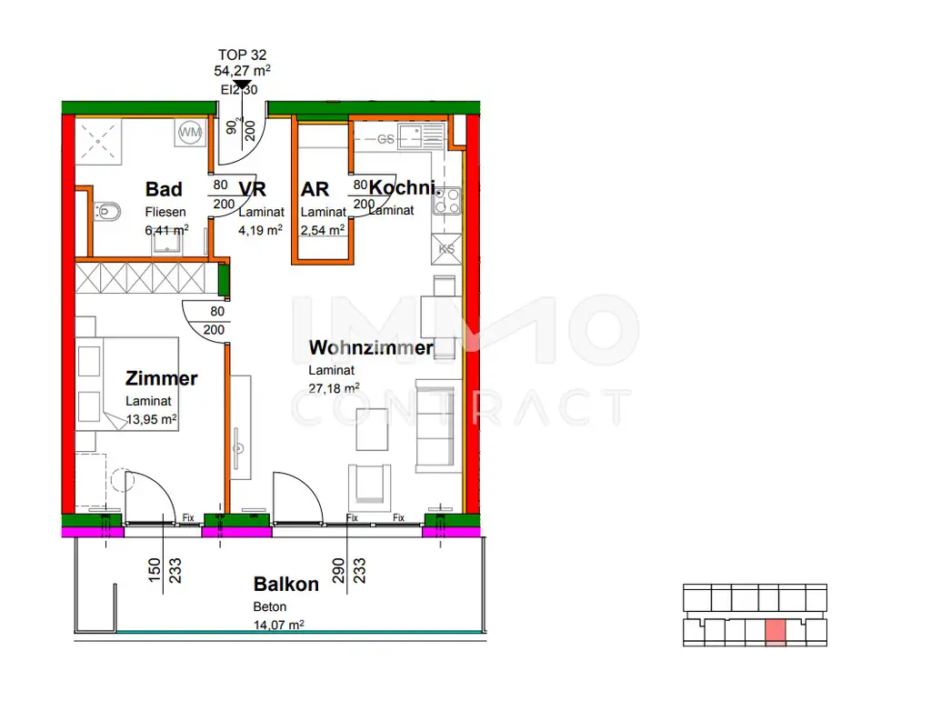 54,07qm geförderte 2ZI- Balkon-Wohnung