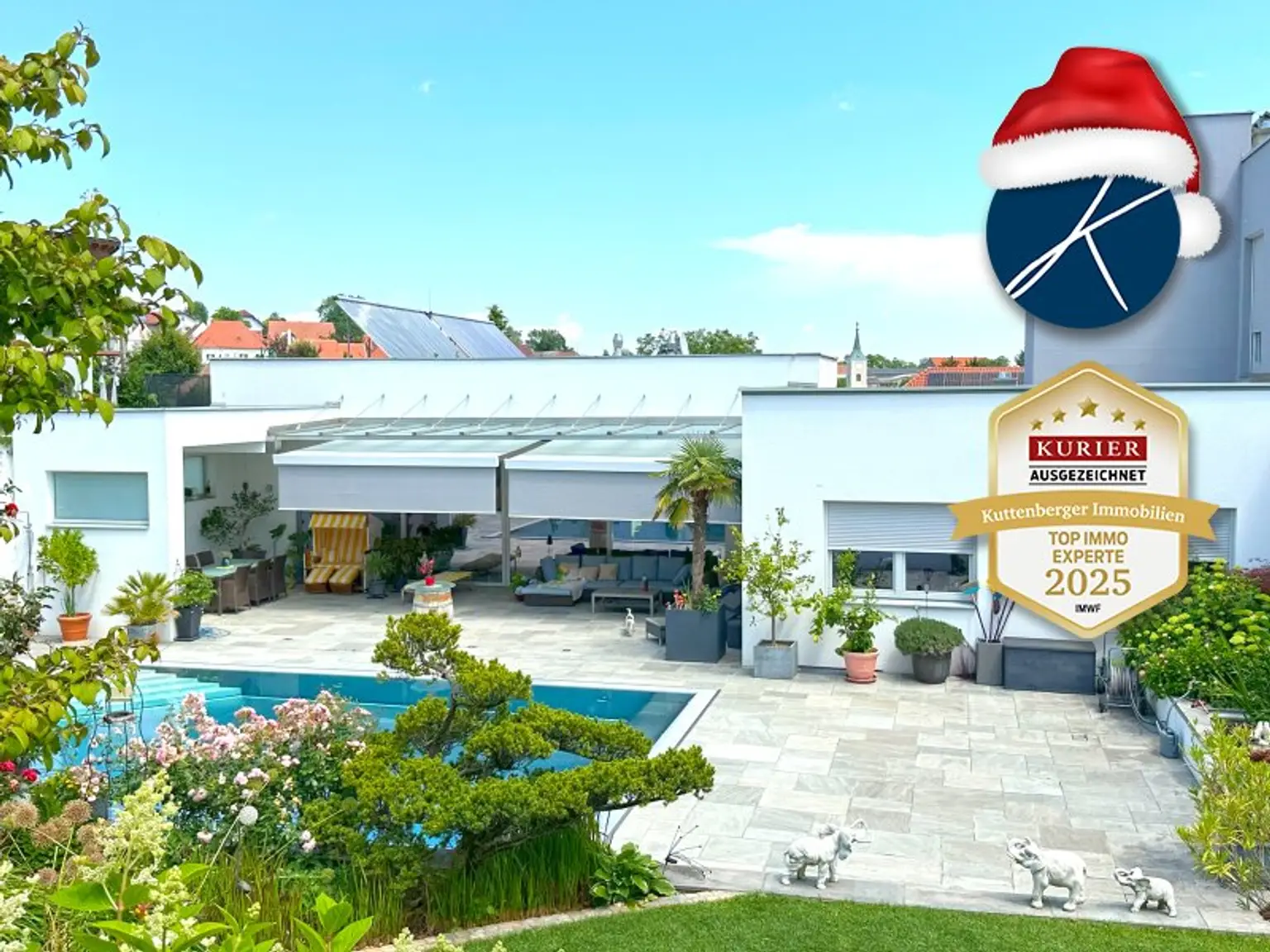 Große Terrasse mit Edelstahl-Überlaufpool