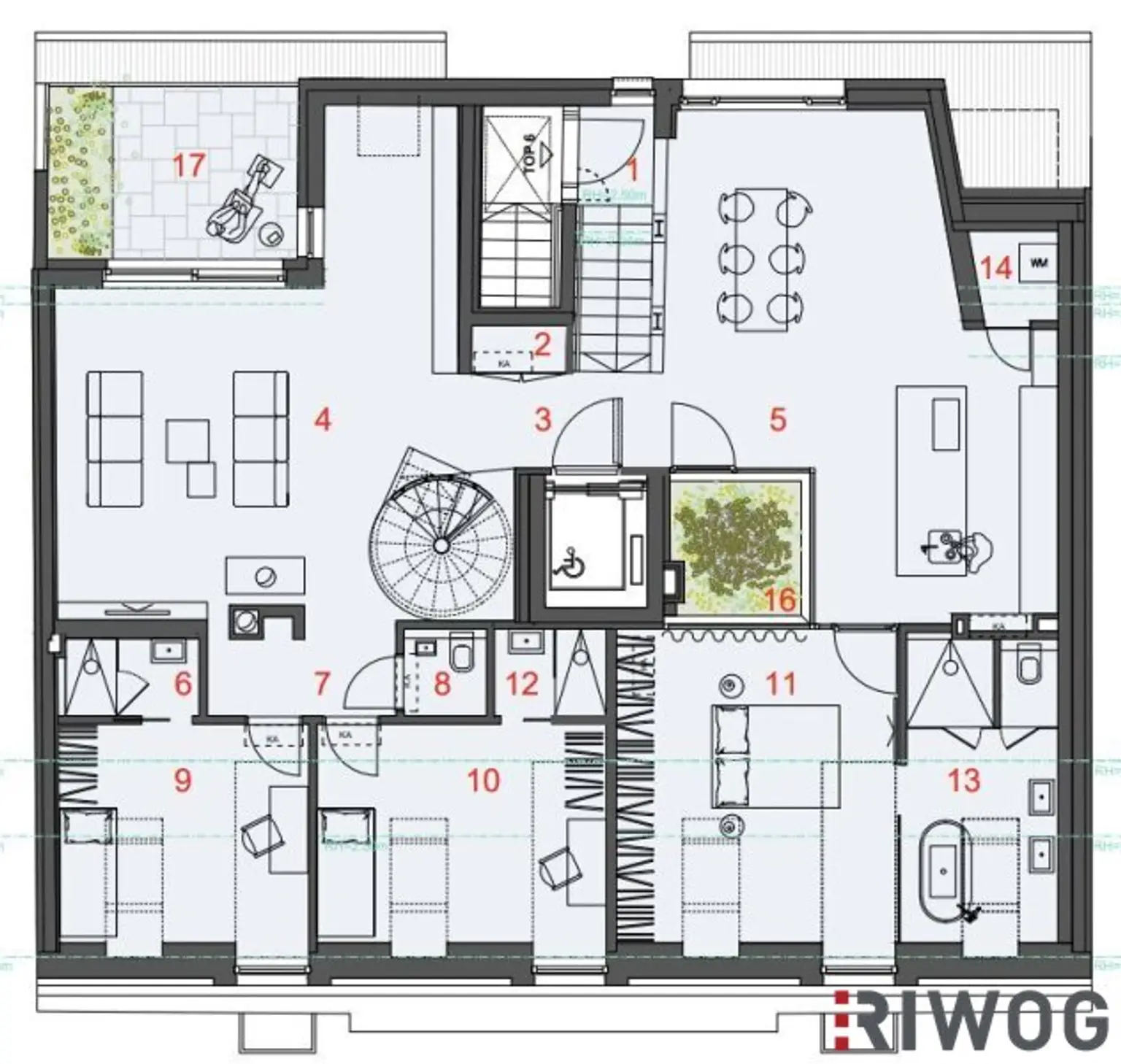 3,7m Raumhöhe im DG, Garage mit 2 Stellplätze, Atrium, Aufzug in die Wohnung und 360° Dachterrasse