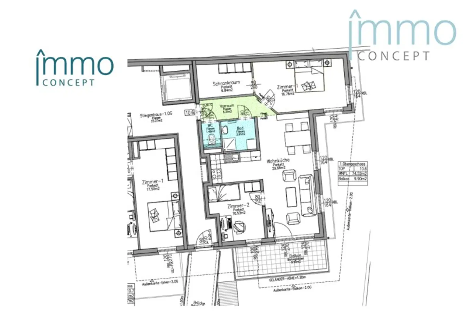 Neubau BJ 2022 - ruhige 3 Zimmer Balkonwohnung inkl. Tiefgaragenstellplatz - Toplage Zentrum Eisenstadt