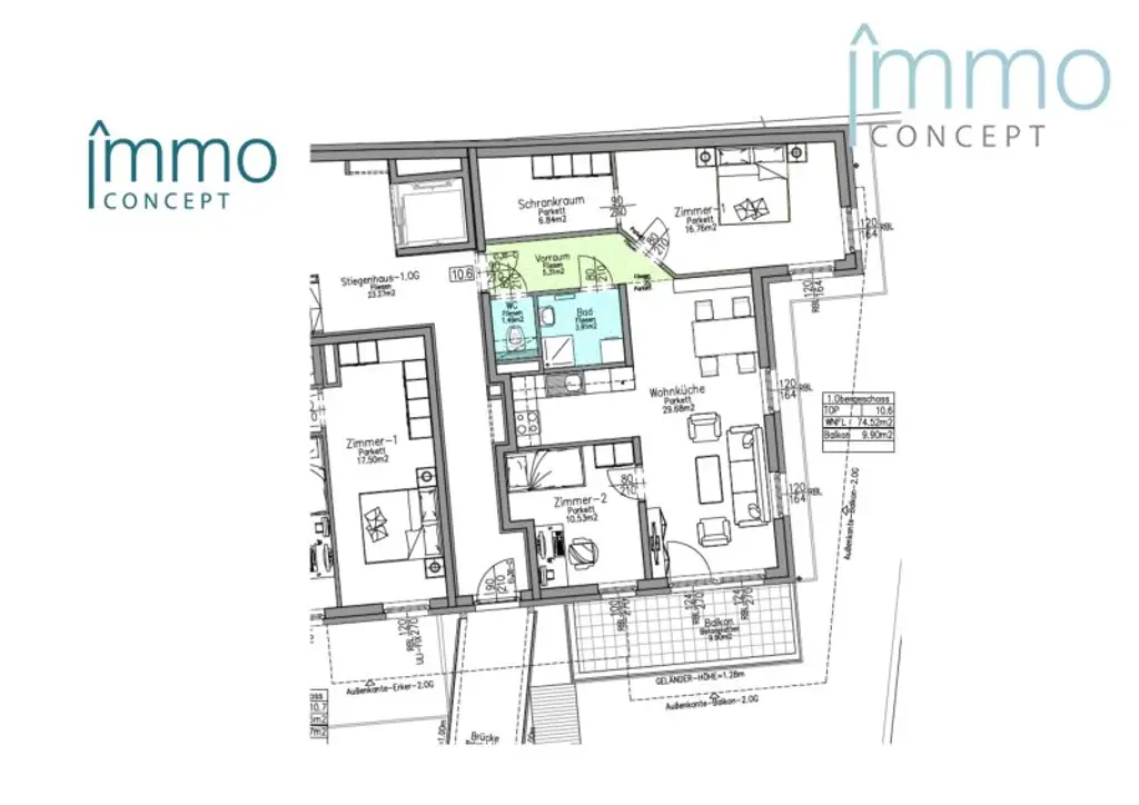 Neubau BJ 2022 - ruhige 3 Zimmer Balkonwohnung inkl. Tiefgaragenstellplatz - Toplage Zentrum Eisenstadt