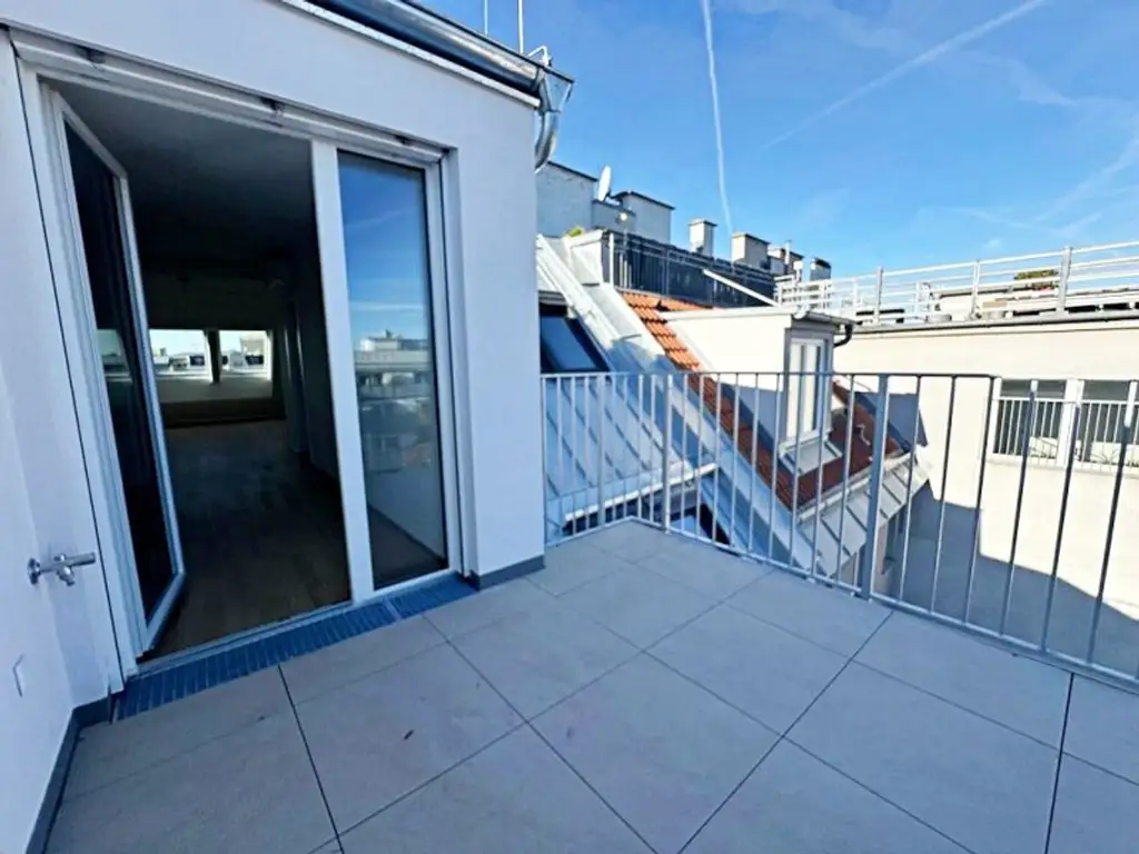 ERSTBEZUG, DACHGESCHOSS, klimatisierte 82 m2 Neubau mit Balkon, Wohnküche, 2 Zimmer, Wannenbad, Parketten, Augarten