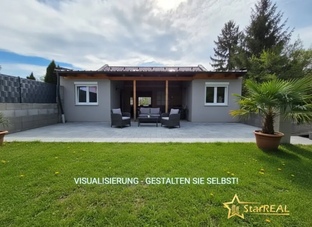 Ihr Traum vom Eigenheim – gestalten Sie selbst! Bungalow-Rohbau mit 485 m² Eigengrund, 2 Terrassen & Carport.