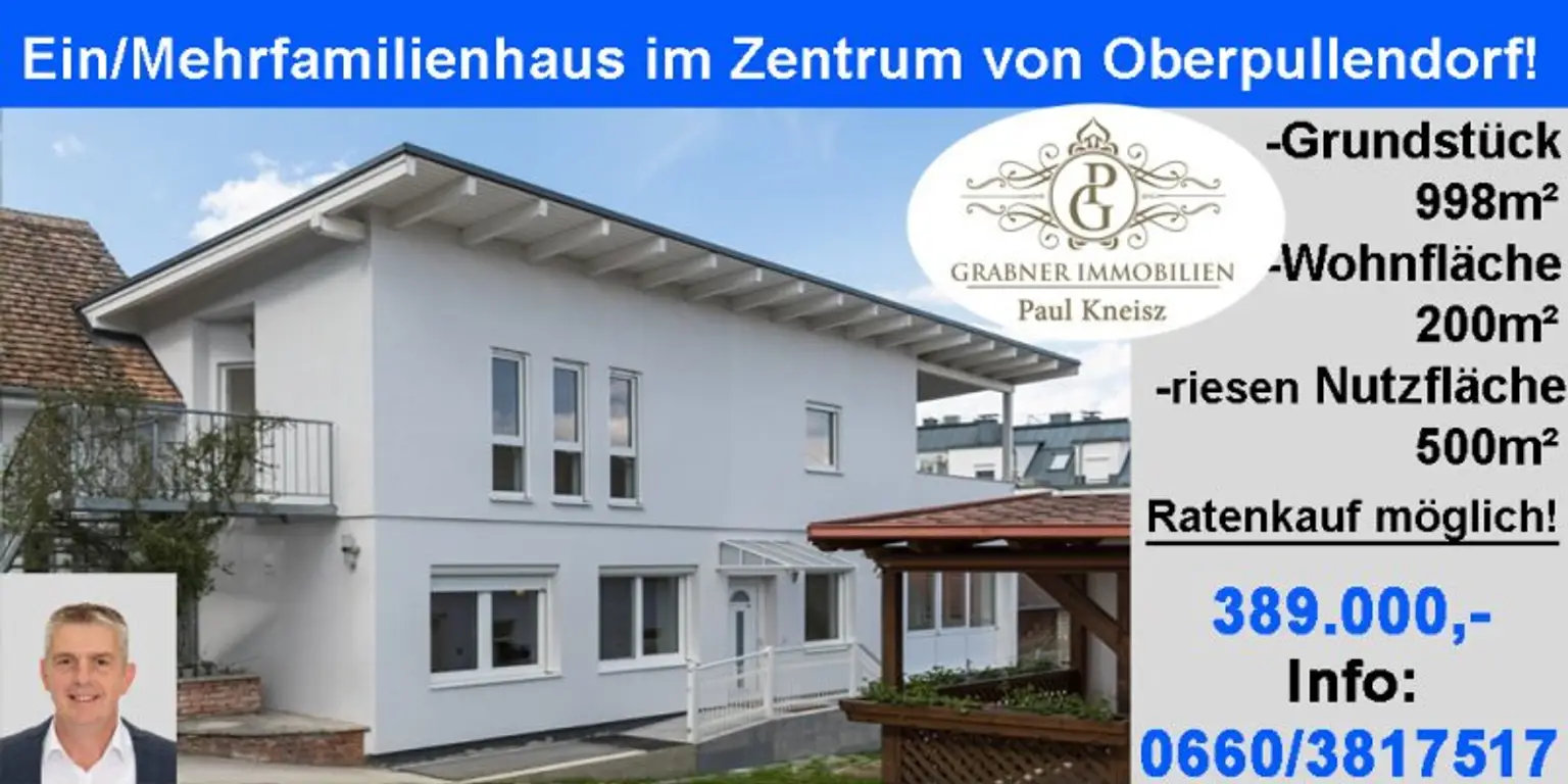 +Liebevolles Ein-/Mehrfamilienhaus in Ruhelage, direkt in Oberpullendorf in sehr gutem Zustand mit bester Infrastruktur! + Garten, 3Garagen, Nebengebäude, Klima, Photovoltaik! Finanzierung: nach einer entsprechenden Anz…