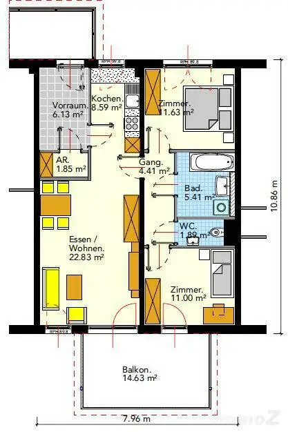 ruhige, helle und freundliche 3 Zimmer Wohnung mit Großbalkon vermietet bis 1.3.2027 dz. rund  3,3 % Rendite