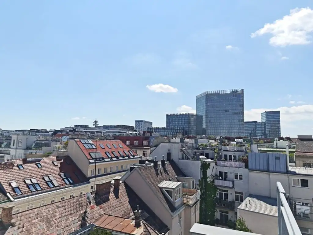 TERRASSENHIT, U1-NÄHE, 84 m2 Dachgeschoß mit 30 m2 Terrasse, 2 Zimmer, Wohnküche, 2 Bäder, Parketten, Viktorgasse