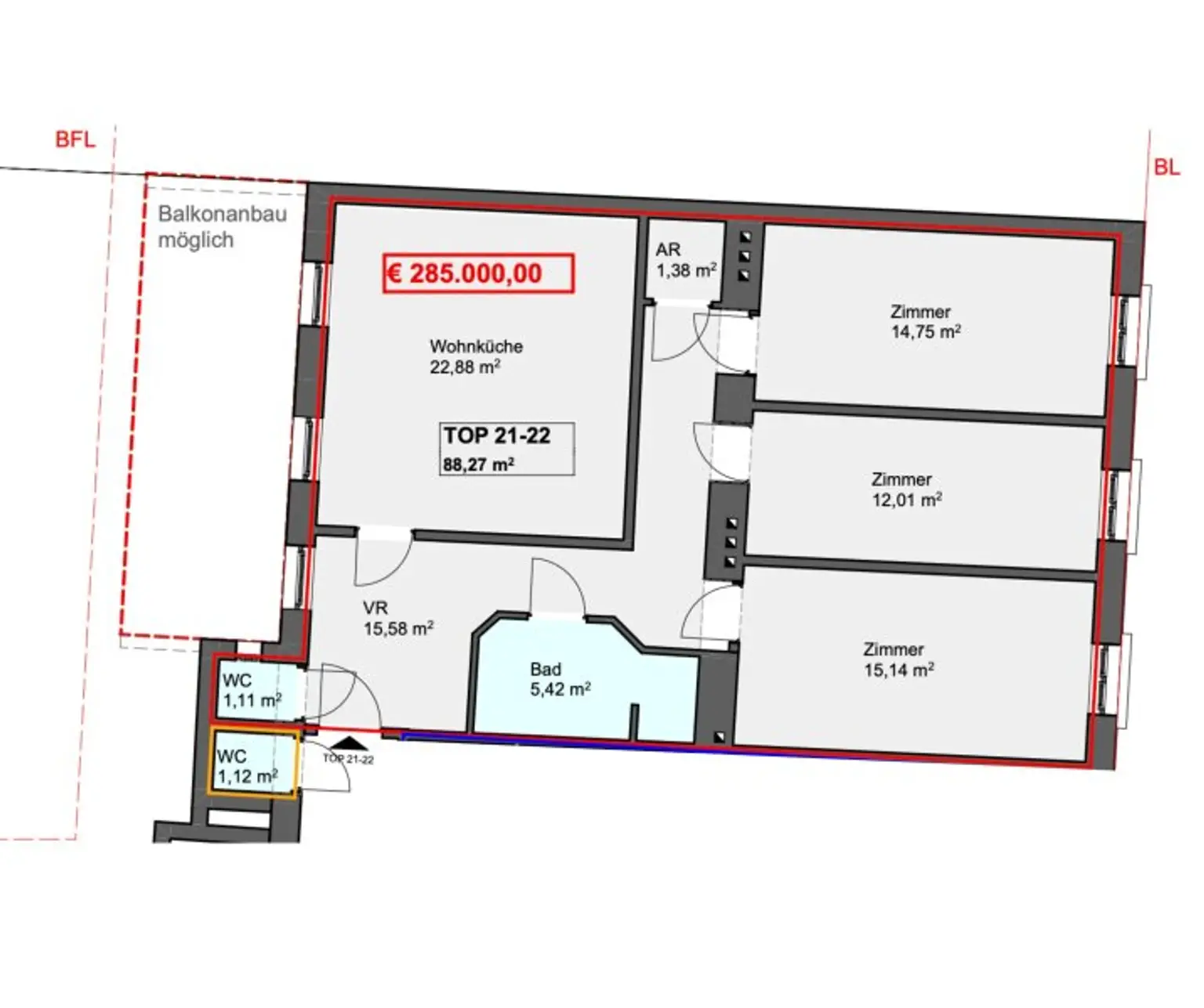 Nähe Alte Donau! 4-Zimmerwohnung mit Potenzial –  (Loggia 17 m2 eingereicht, WG tauglich!)