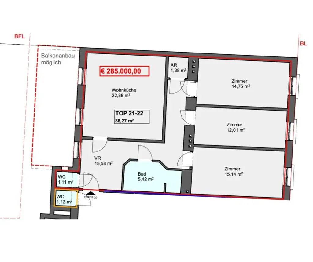 Nähe Alte Donau! 4-Zimmerwohnung mit Potenzial –  (Loggia 17 m2 eingereicht, WG tauglich!)