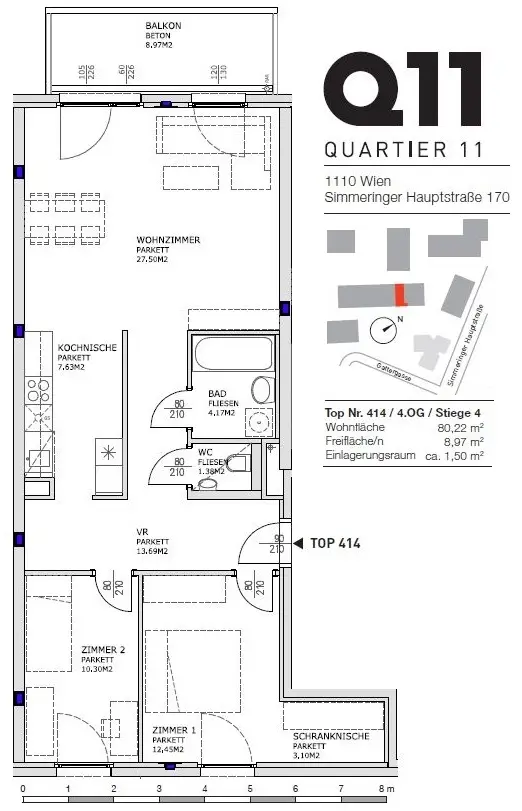 Q11 Leben in Simmering - 
Lichtdurchflutete Balkonwohnung mit 3 Zimmern und Deckenkühlung!