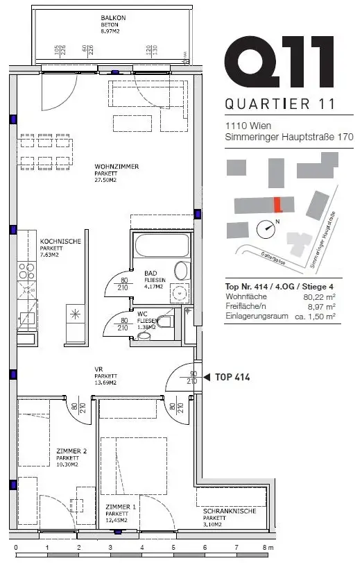 Q11 Leben in Simmering - 
Lichtdurchflutete Balkonwohnung mit 3 Zimmern und Deckenkühlung!