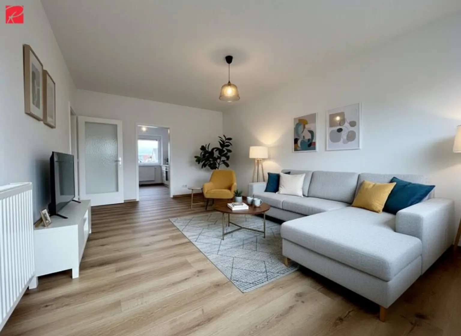 Das Wohnzimmer wurde von der KI eingerichtet. Die Möbel sind in der Immobilie nicht vorhanden.