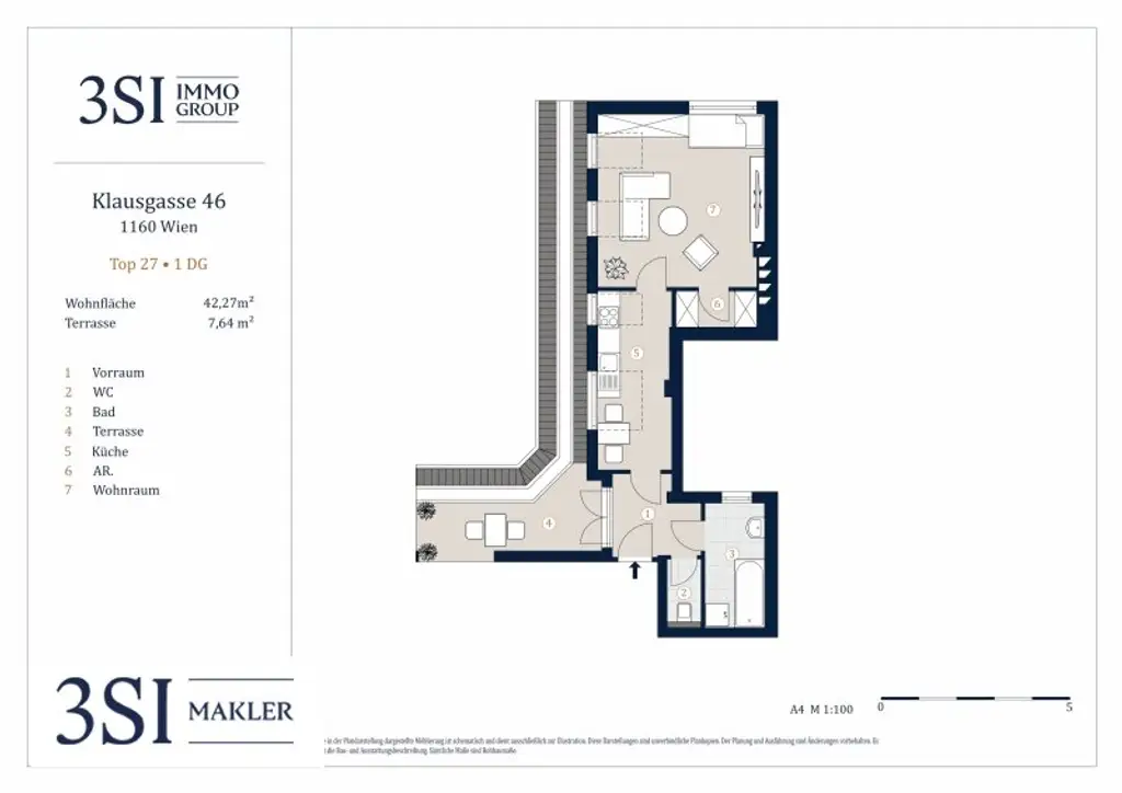Klausgasse 46: Helle 1,5-Zimmer-Dachgeschoßwohnung mit hofseitiger Terrasse