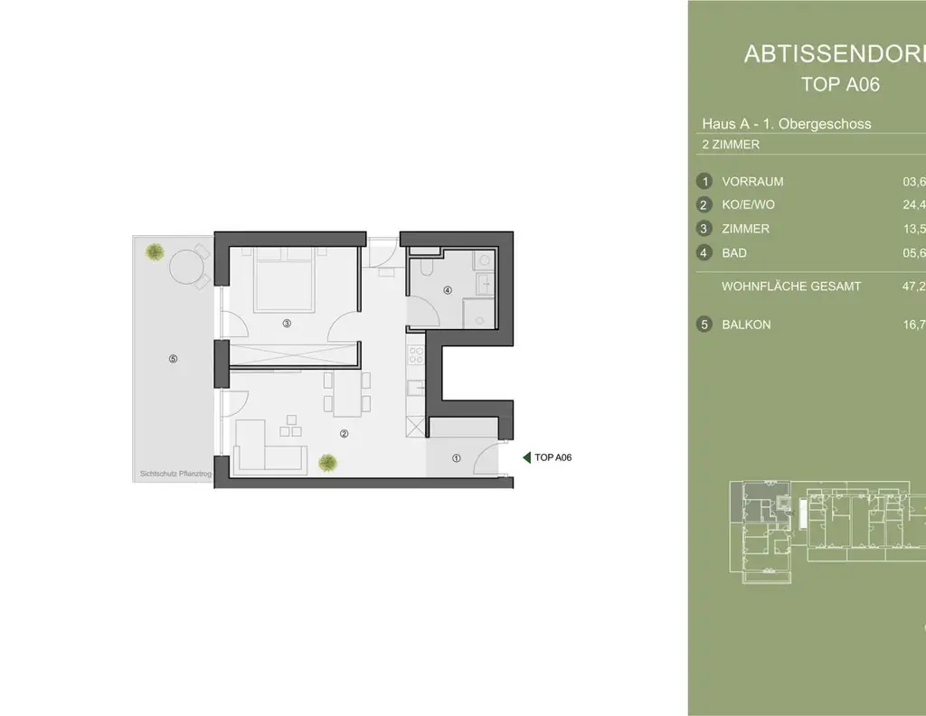 Exklusives Neubauprojekt im grünen Süden von Graz. TOP A06 - Kompakte 2-Zimmer-Wohnung mit großzügigem Balkon und durchdachtem Grundriss