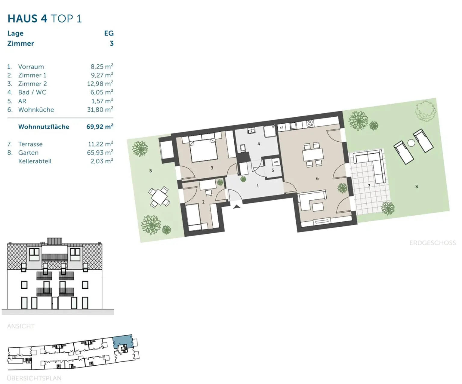 provisionsfreie & elegante 3-Zimmer-Wohnung mit sonniger Terrasse & privatem Garten