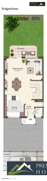 Kramsach-Reihen-Mittelhaus, Erdgeschoss mit überdachter Terrasse