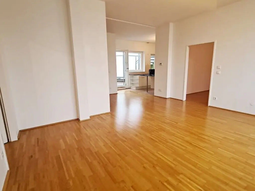 TERRASSENHIT, U1-NÄHE, 84 m2 Dachgeschoß mit 30 m2 Terrasse, 2 Zimmer, Wohnküche, 2 Bäder, Parketten, Viktorgasse