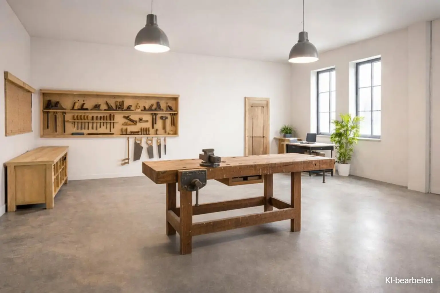 Industrieworkshop mit hellem Arbeitsplatz_KI_gener