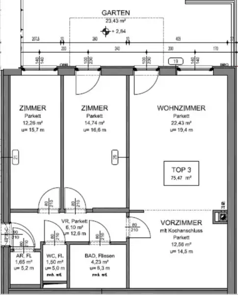 EIGENGARTEN, LORYSTRASSE, 75 m2 Neubau mit 23 m2 Garten, 2 Zimmer, Wohnküche, Wannenbad, Parketten, 1. Liftstock