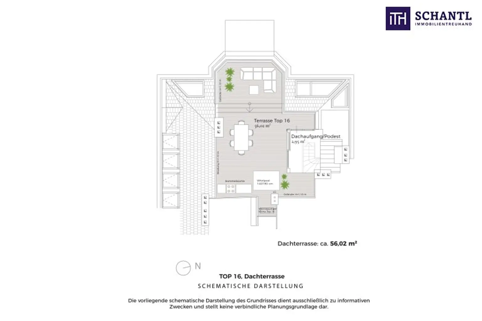 Grundriss Dachterrasse Top 16, schematische Darstellung
