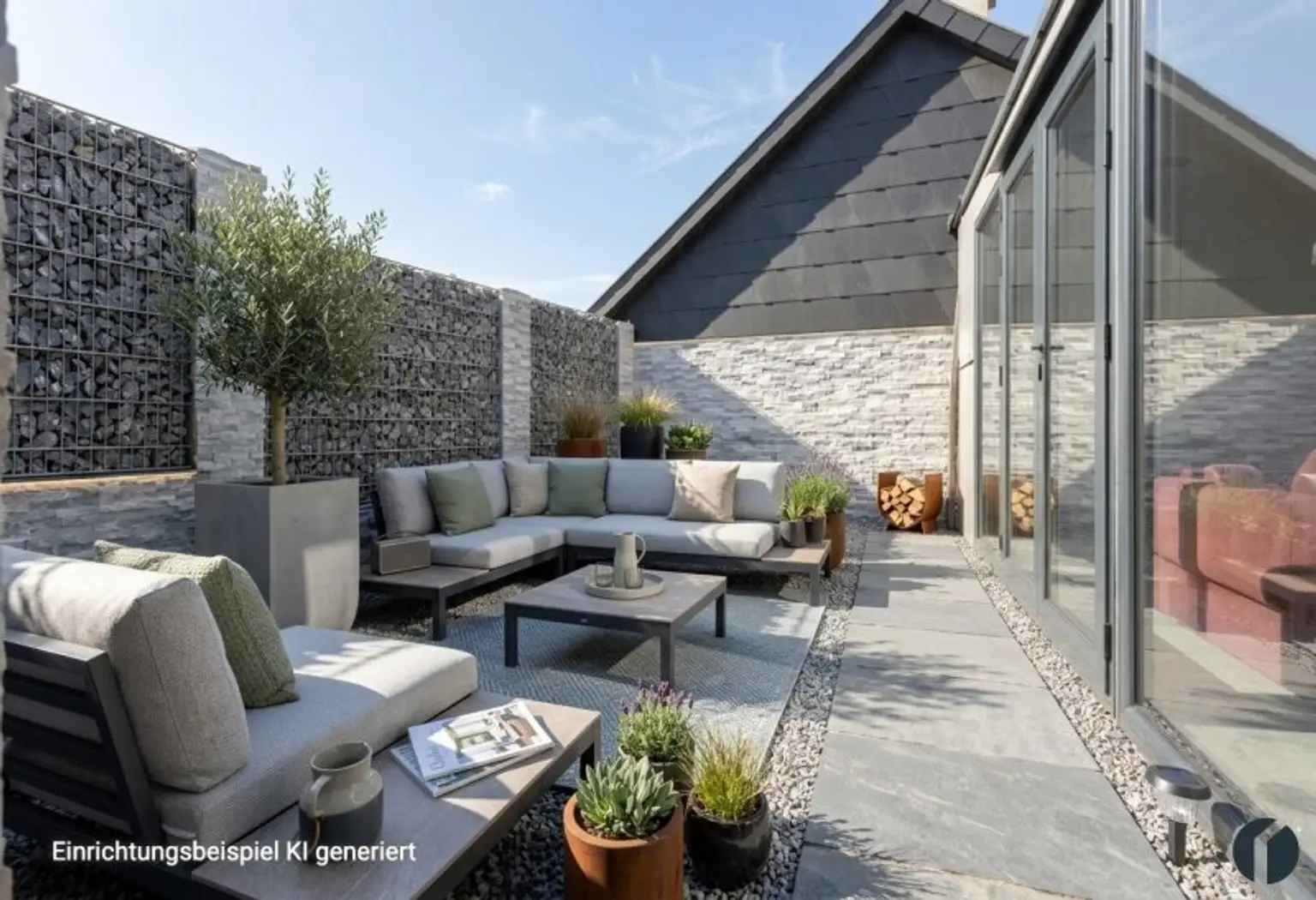 Terrasse zwischen den Gebäuden  - KI generierte Einrichtung