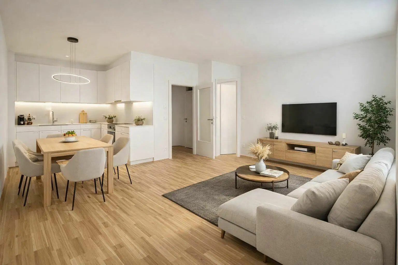 Wohn-Essbereich mit Küche - KI Einrichtungsvorschlag