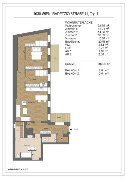 Wohnungsplan mit 2 Balkone
