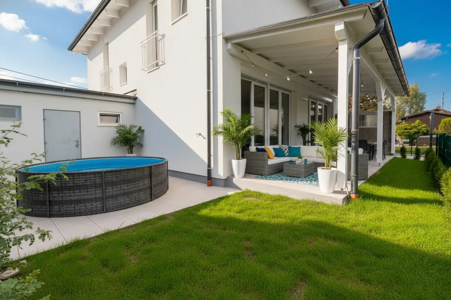 Blick vom Garten zum Haus: KI generiert