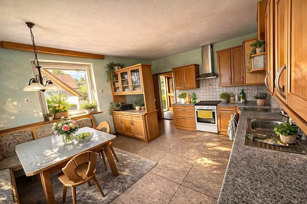 **Im Hügelland mit Fernblick: Einfamilienhaus mit Wäldchen, Nebengebäude & 2 Garagen**