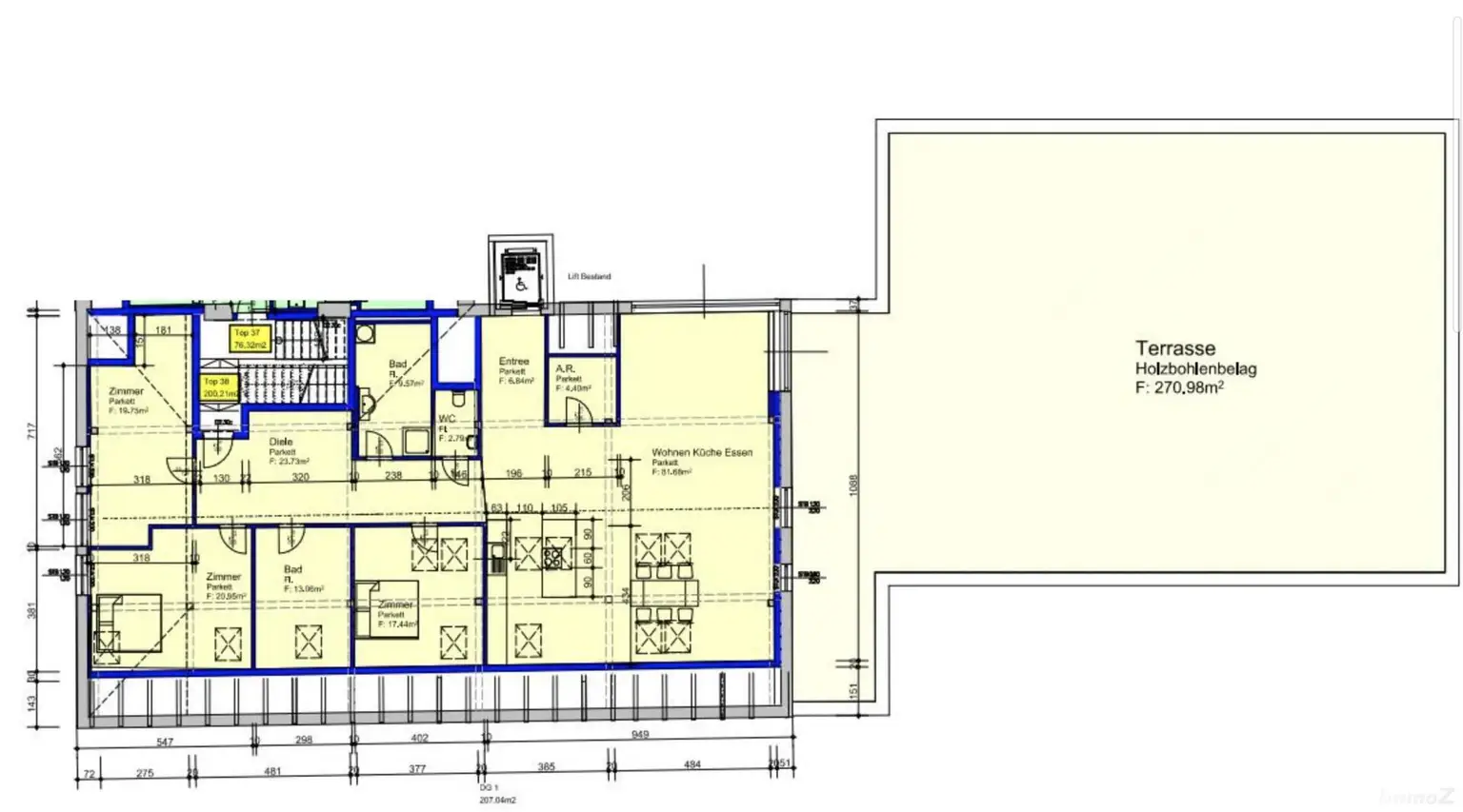 Penthouse-Wohnung + 270m2 Dachterrasse zur Miete als Wohnung oder Büro