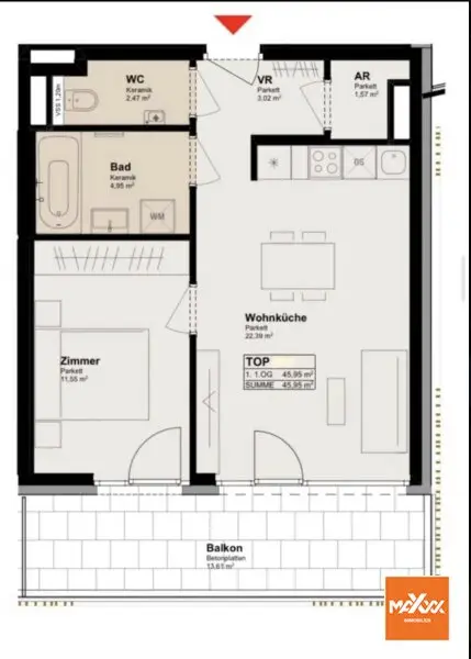 Moderne 2-Zimmer-Wohnung mit großem Balkon und Tiefgaragenparkplatz