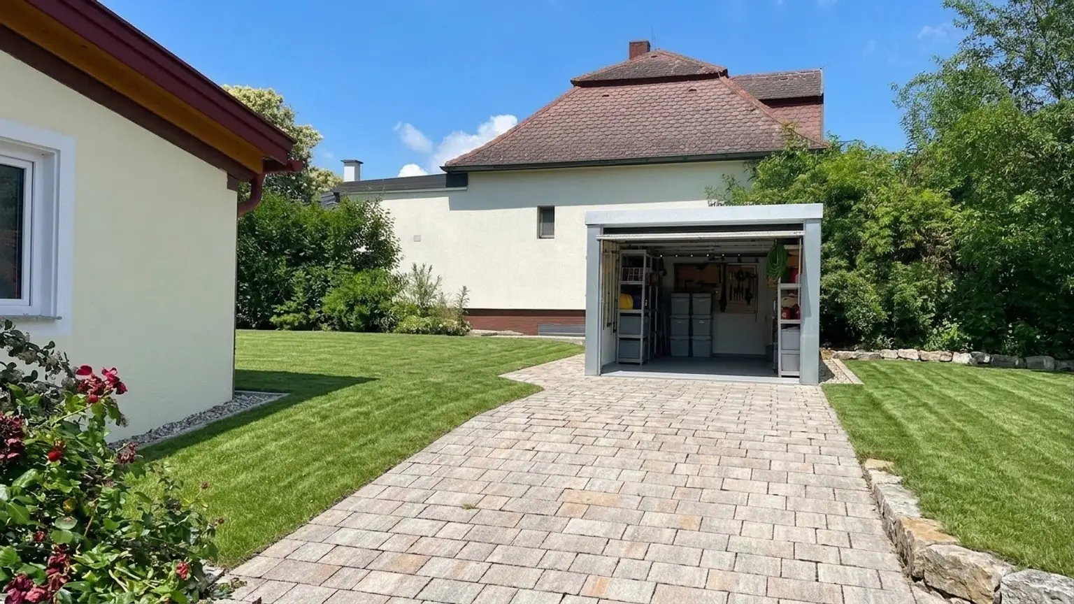 Garage (Einfahrt KI aufgeräumt und Wiese gemäht)