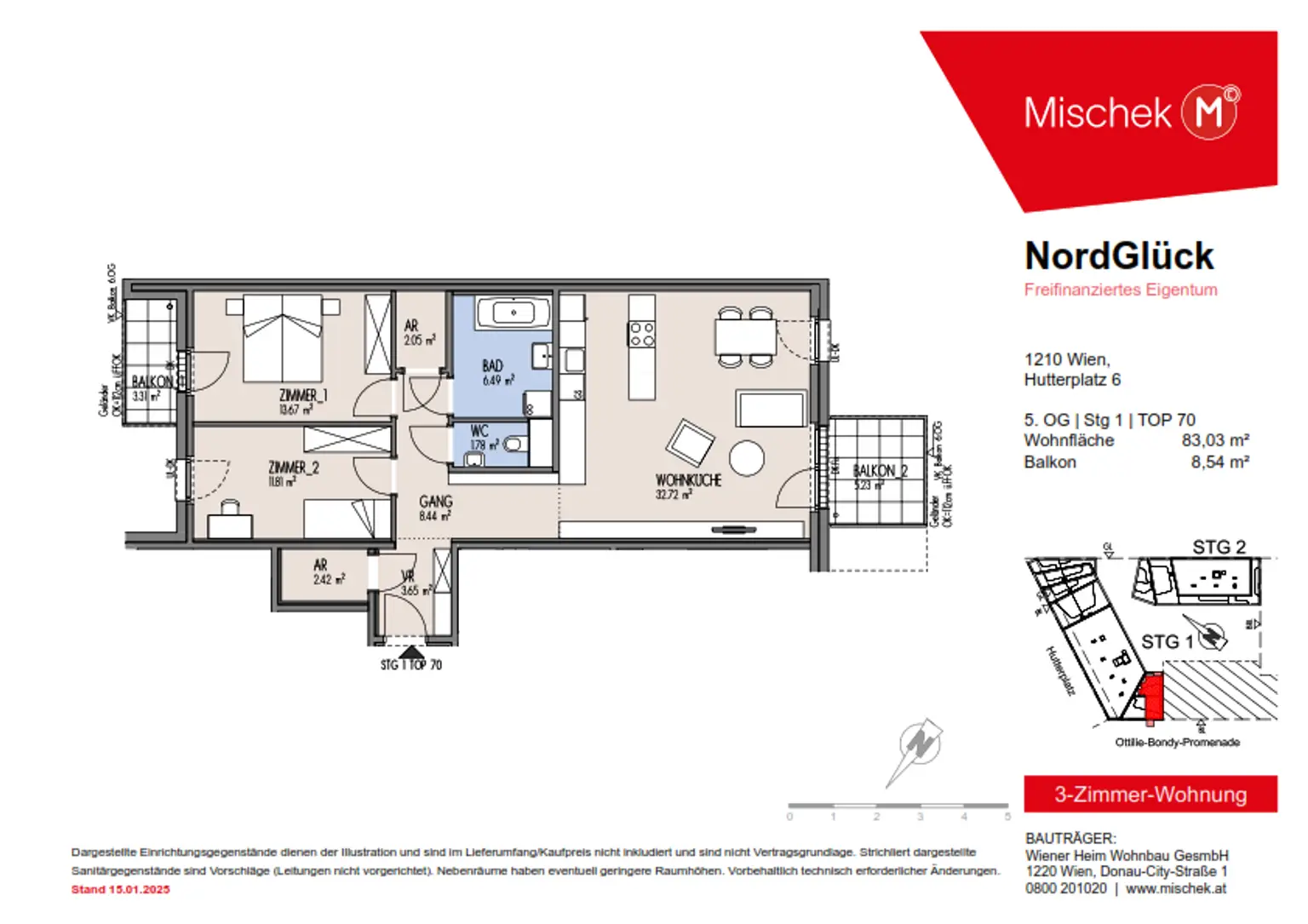 Erstbezug in 1210 Wien: Moderne 3-Zimmer-Wohnung mit Balkon – Provisionsfrei