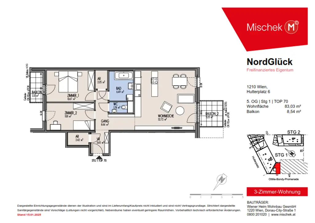 Erstbezug in 1210 Wien: Moderne 3-Zimmer-Wohnung mit Balkon – Provisionsfrei