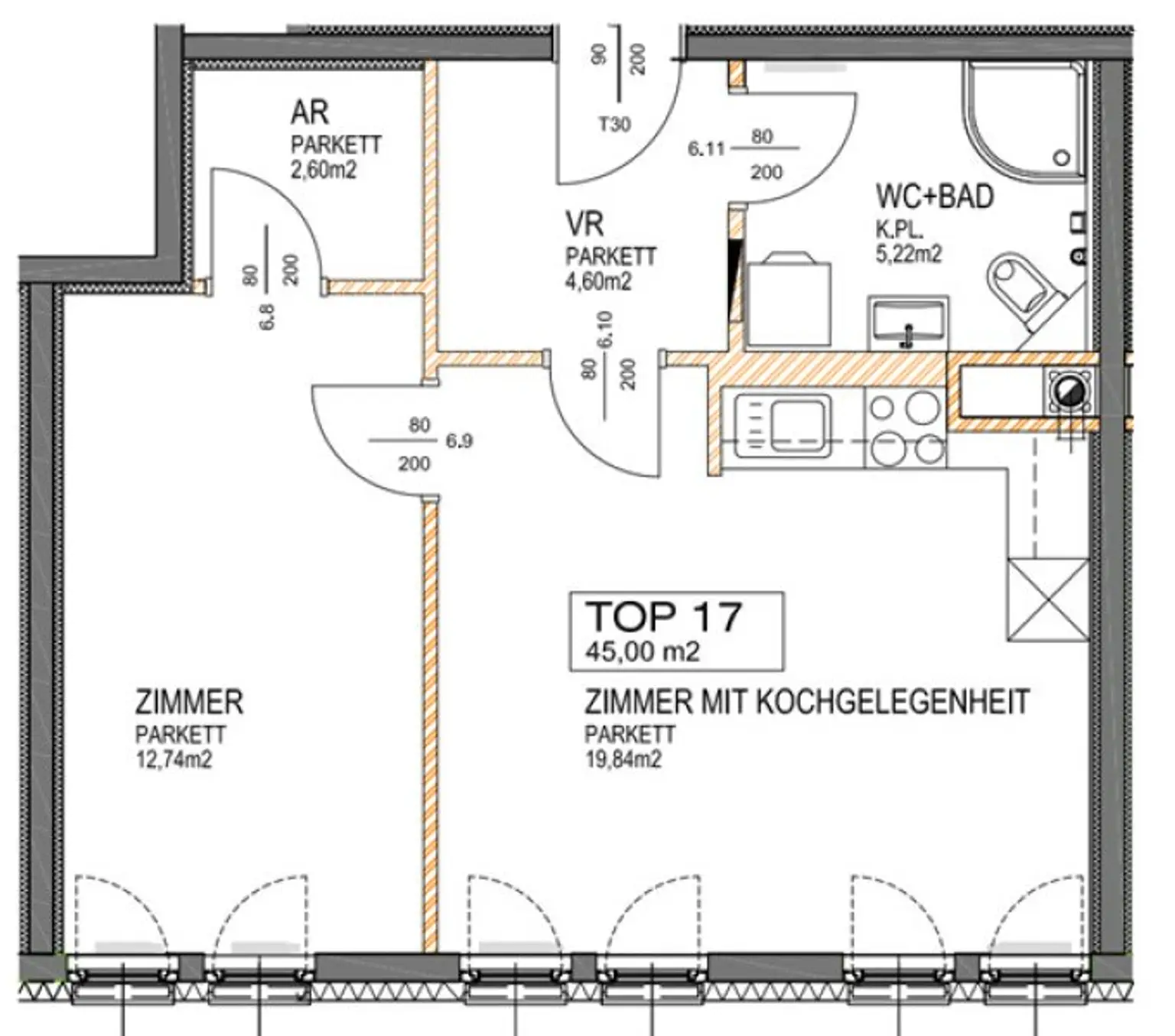HÖRLGASSE, SCHLICKPLATZ, 45 m2 Neubau, Wohn-Esszimmer mit Kochnische, Schlafzimmer, Duschbad, 6. Liftstock
