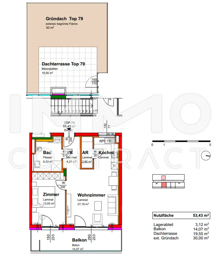 53,21qm 2ZI- Dachgeschosswohnung mit 19,55qm Terrasse, 30qm Gründach, und 14,07qm Balkon