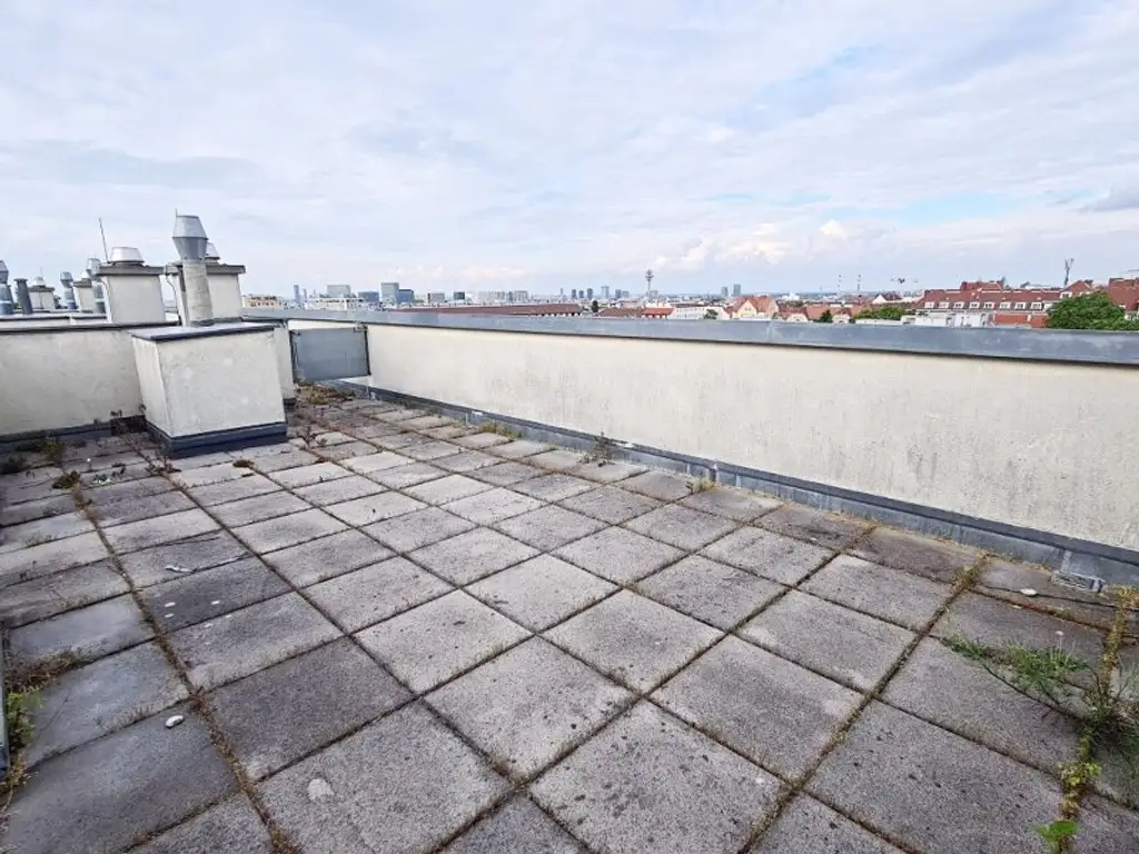TERRASSENHIT, 61 m2 Dachgeschoß mit 48 m2 Terrasse, Wohnküche, 1 Zimmer, Wannenbad, Parketten, Fernblick, Holbeingasse