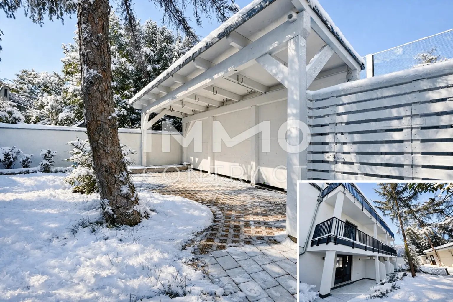 Schnee_Fahrradabstellraum und Gartenansicht