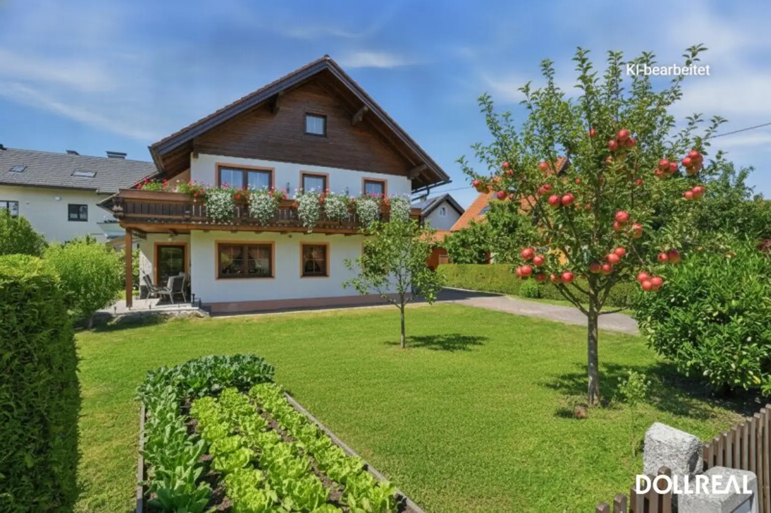 KI-Bild, Gartenbeet und Obstbäume.