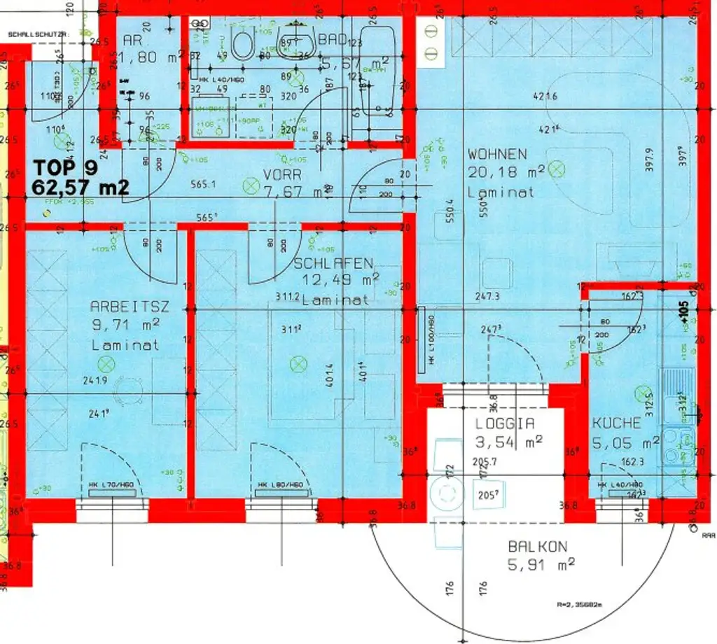 Mietwohnung (209) 62 m² mit Küche und Loggia / Balkon 9,54 m² Vermietung direkt vom Eigentümer keine Provision
