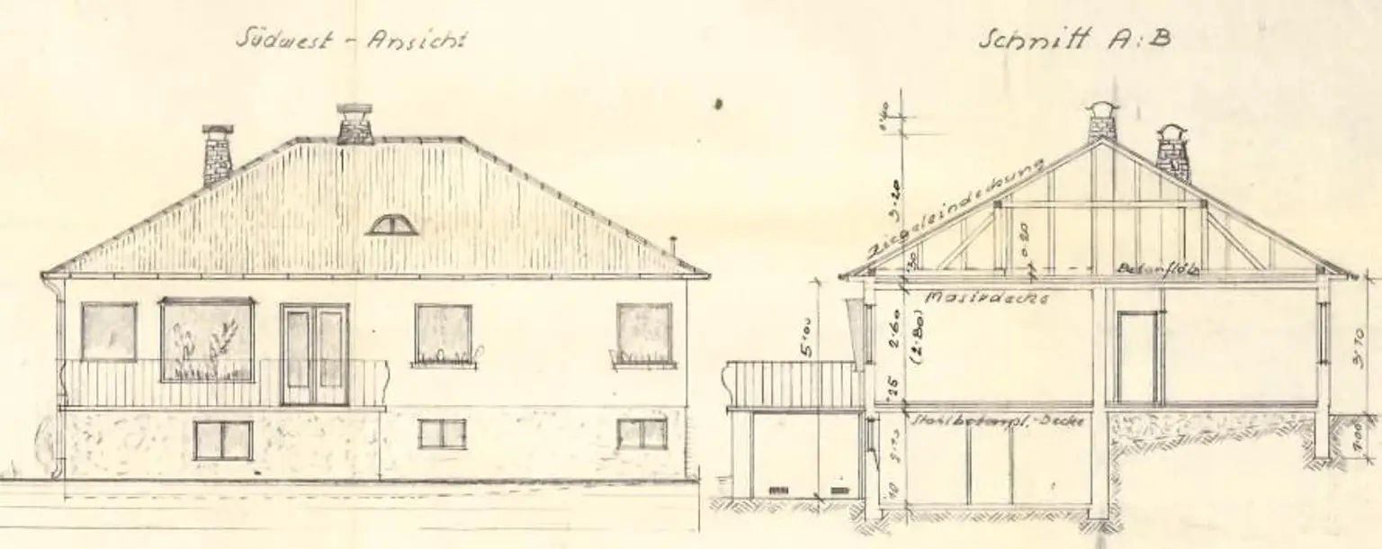 Südwest-Ansicht und Schnitt