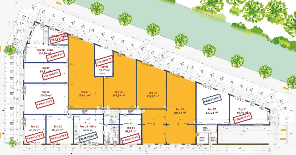 Gewerbe-/ Büro-/ Ordination-/ Lagerflächen von 96 - 307 m² Fläche im Gewerbepark Ansfelden zu vermieten, Nähe A1 (Audorf Süd) (Top 02)