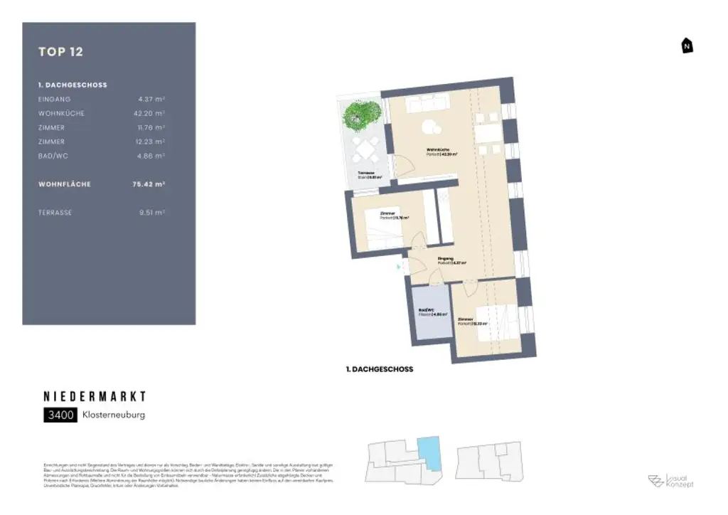 Moderne Dachgeschoßwohnung in Klosterneuburg: 75m² Erstbezug mit Terrasse!