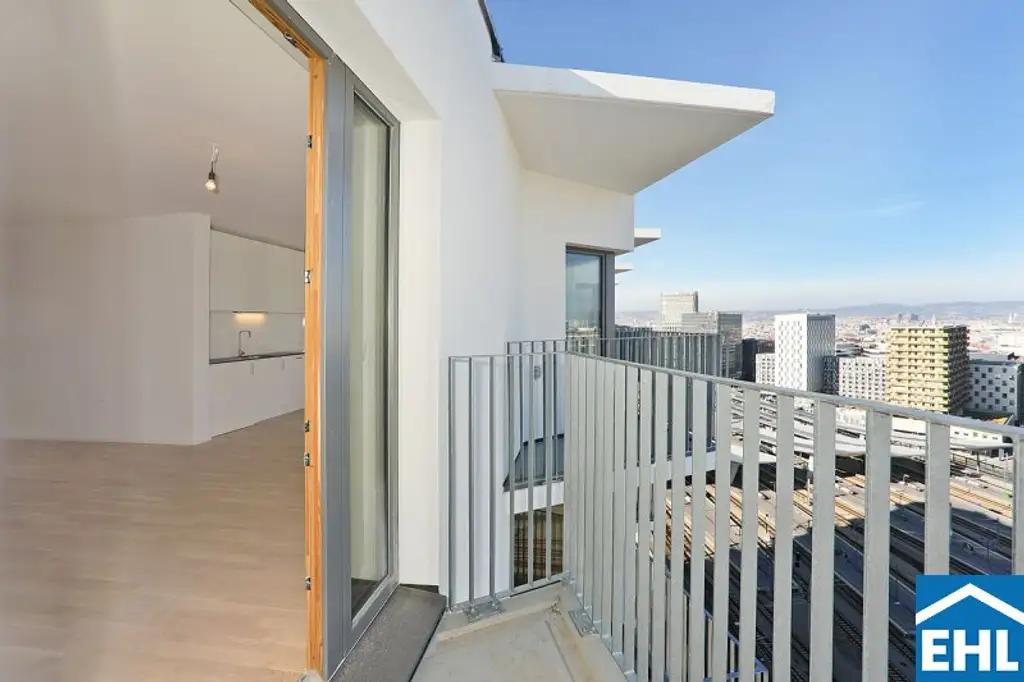 Sonnwendviertel: 1-Zimmer-Wohnung mit Balkon im 18. OG – Fitnessraum, Co-Working & Rooftop-Terrasse inklusive!