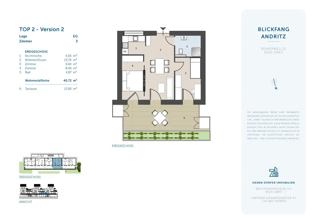Charmante 2-Zimmer-Terrassenwohnung: ca. 43,56 m² WNF, ca. 27,83 m² Terrasse